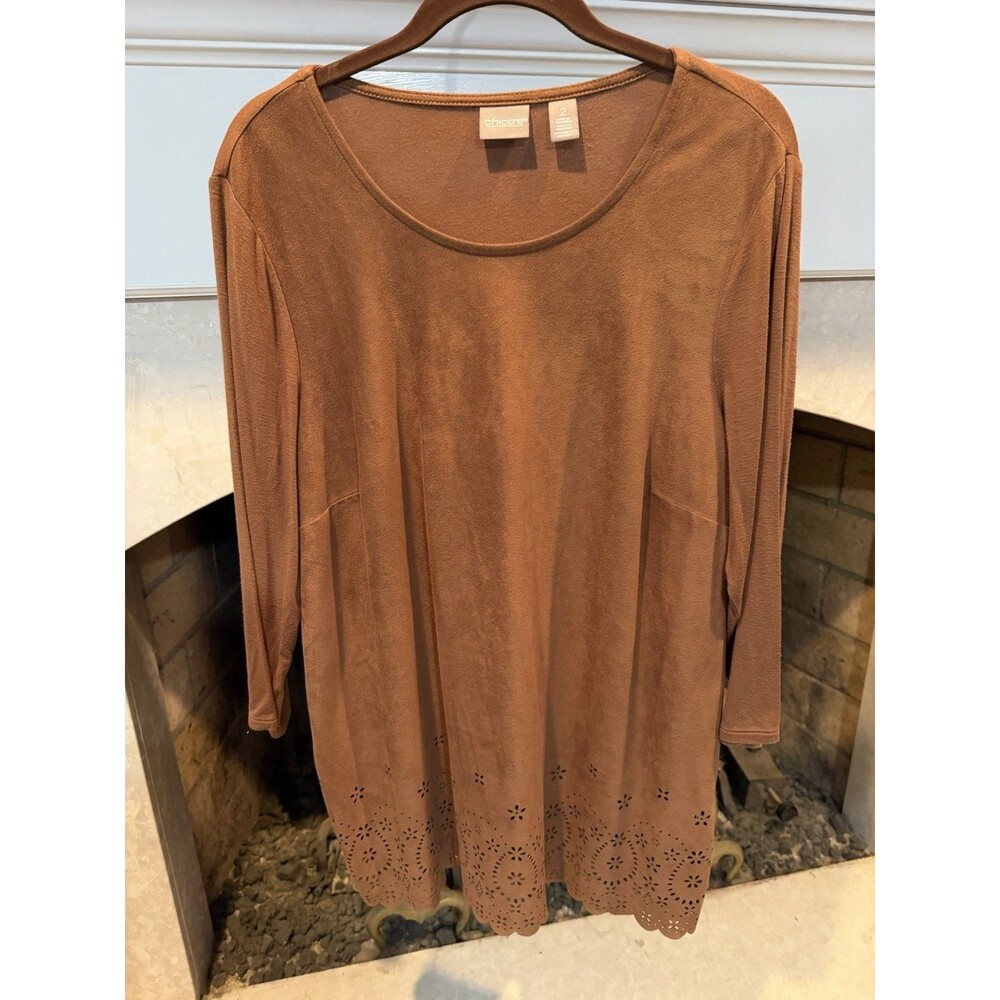 Chico's Faux Suede Tunic Top Size Large Brown Scalloped Hem Laser Cut Pattern